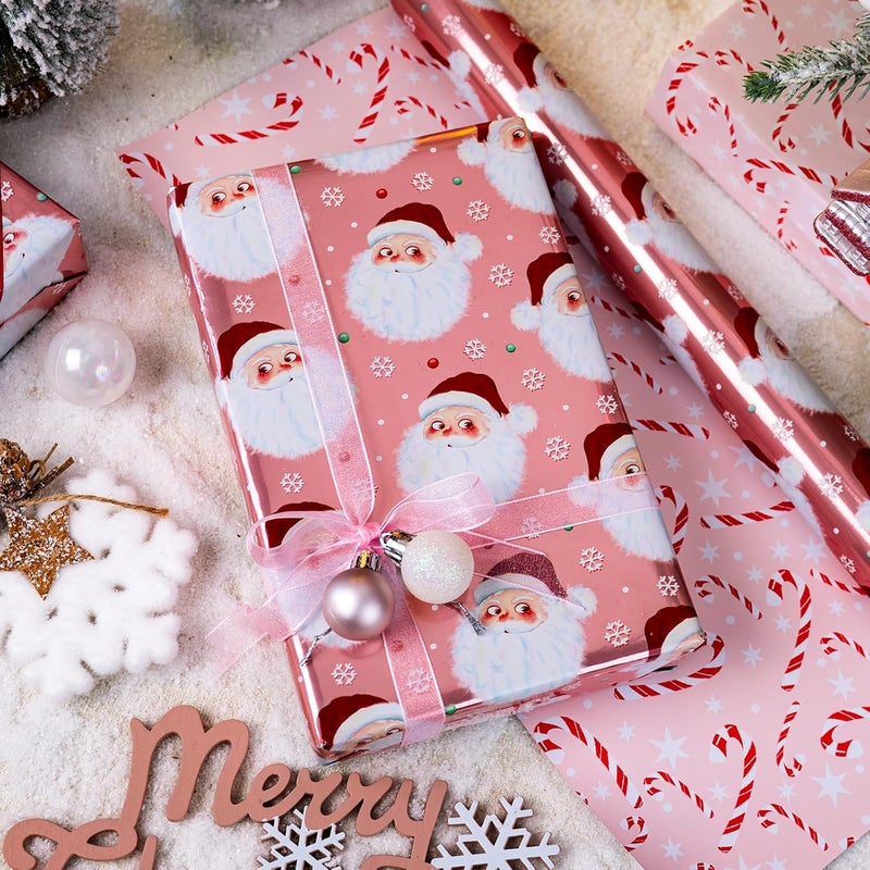 Retrify Funny Santa Claus Christmas Wrapping Paper - 17 Inch x 32.8 Feet Mini Roll - Snowflake Candy Cane Foil Pink Gift Wrap Paper for Holiday Shower Party Celebration - Image 4